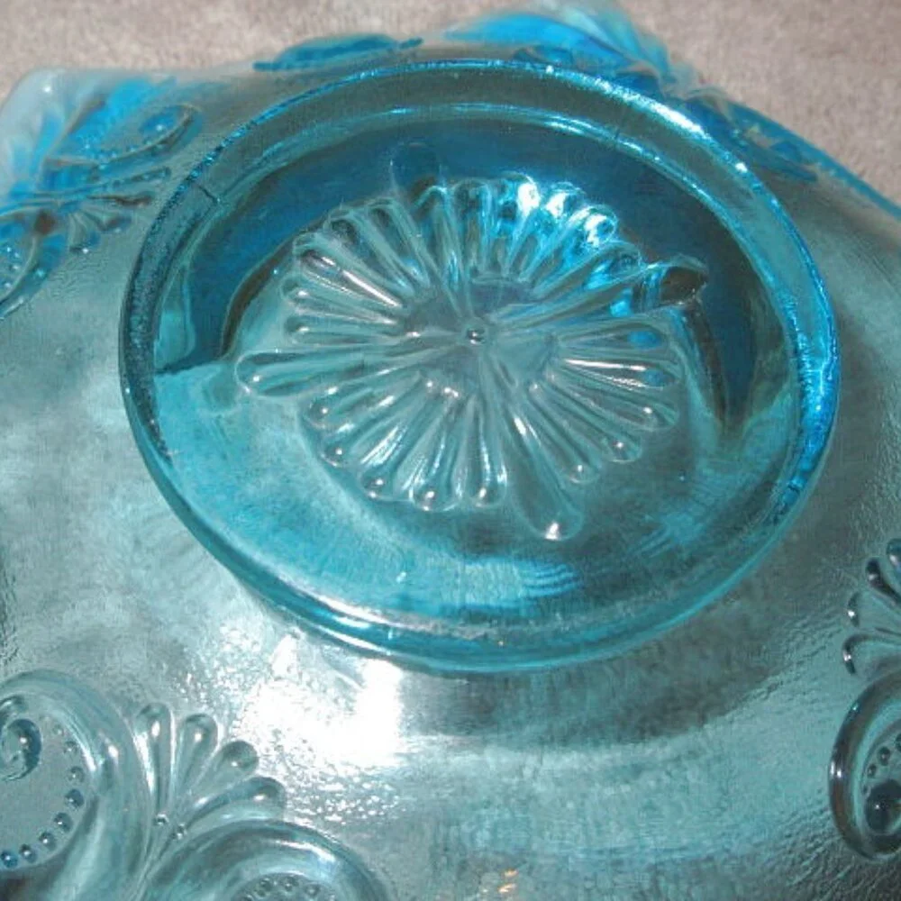 Vintage Dugan Blue Opalescent Glass Compote Candy Dish Ruffled Keyhole EUC